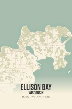 Vintage wall art map of Ellison Bay, located in Door, Wisconsin, United States. Aerial plan with forests, roads, cities, lakes and rivers. clipart