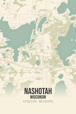 Vintage wall art map of Nashotah, located in Waukesha, Wisconsin, United States. Aerial plan with forests, roads, cities, lakes and rivers. clipart