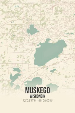 Muskego 'nun klasik duvar sanat haritası, Waukesha, Wisconsin, ABD' de. Ormanlar, yollar, şehirler, göller ve nehirlerle ilgili hava planı.