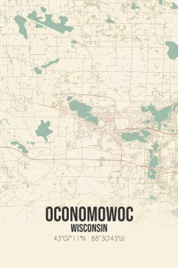 Vintage wall art map of Oconomowoc, located in Waukesha, Wisconsin, United States. Aerial plan with forests, roads, cities, lakes and rivers. clipart