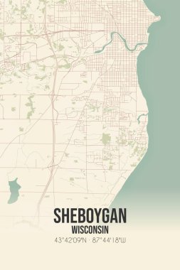 Vintage wall art map of Sheboygan, located in Sheboygan, Wisconsin, United States. Aerial plan with forests, roads, cities, lakes and rivers. clipart