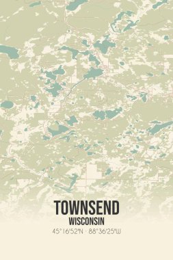 Vintage wall art map of Townsend, located in Oconto, Wisconsin, United States. Aerial plan with forests, roads, cities, lakes and rivers. clipart