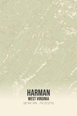 Vintage wall art map of Harman, located in Randolph, West Virginia, United States. Aerial plan with forests, roads, cities, lakes and rivers. clipart