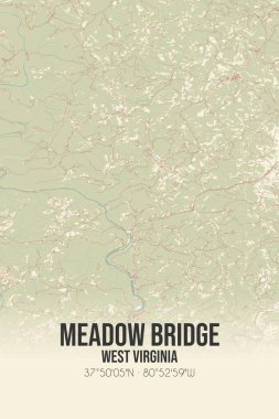 Vintage wall art map of Meadow Bridge, located in Fayette, West Virginia, United States. Aerial plan with forests, roads, cities, lakes and rivers. clipart