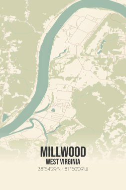 Vintage wall art map of Millwood, located in Jackson, West Virginia, United States. Aerial plan with forests, roads, cities, lakes and rivers. clipart