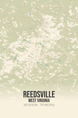 Vintage wall art map of Reedsville, located in Preston, West Virginia, United States. Aerial plan with forests, roads, cities, lakes and rivers. clipart