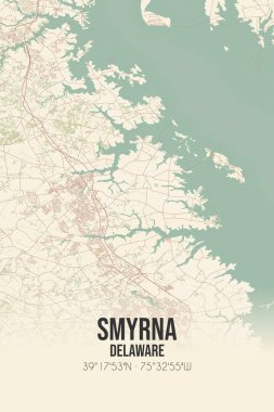 Kent, Delaware, Amerika Birleşik Devletleri 'nde bulunan İzmir' in klasik duvar sanat haritası. Ormanlar, yollar, şehirler, göller ve nehirlerle ilgili hava planı.