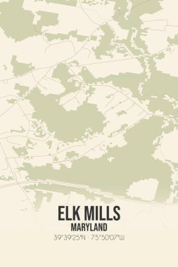 Elk Mills 'in klasik duvar haritası. Cecil, Maryland, ABD' de. Ormanlar, yollar, şehirler, göller ve nehirlerle ilgili hava planı.