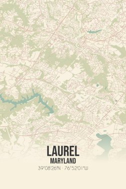 Vintage wall art map of Laurel, located in Howard, Maryland, United States. Aerial plan with forests, roads, cities, lakes and rivers. clipart