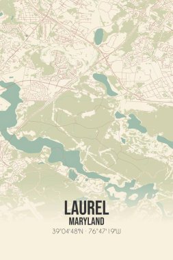 Vintage wall art map of Laurel, located in Anne Arundel, Maryland, United States. Aerial plan with forests, roads, cities, lakes and rivers. clipart