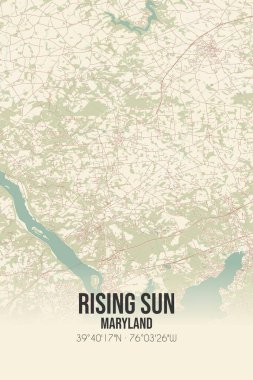 Vintage wall art map of Rising Sun, located in Cecil, Maryland, United States. Aerial plan with forests, roads, cities, lakes and rivers. clipart