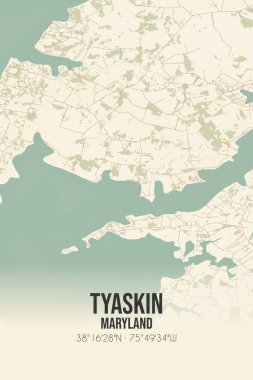 Tyaskin 'in klasik duvar sanat haritası, Wicomico, Maryland, ABD' de. Ormanlar, yollar, şehirler, göller ve nehirlerle ilgili hava planı.
