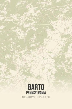 Barto 'nun klasik duvar haritası, Berks, Pennsylvania, ABD' de. Ormanlar, yollar, şehirler, göller ve nehirlerle ilgili hava planı.