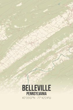 Vintage wall art map of Belleville, located in Mifflin, Pennsylvania, United States. Aerial plan with forests, roads, cities, lakes and rivers. clipart