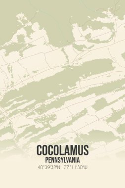 Vintage wall art map of Cocolamus, located in Juniata, Pennsylvania, United States. Aerial plan with forests, roads, cities, lakes and rivers. clipart