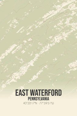 Vintage wall art map of East Waterford, located in Juniata, Pennsylvania, United States. Aerial plan with forests, roads, cities, lakes and rivers. clipart