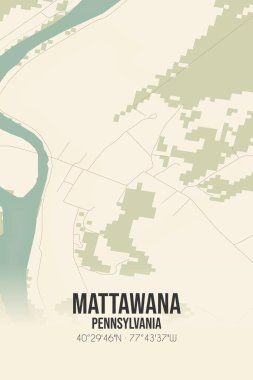 Vintage wall art map of Mattawana, located in Mifflin, Pennsylvania, United States. Aerial plan with forests, roads, cities, lakes and rivers. clipart