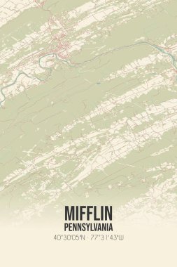 Vintage wall art map of Mifflin, located in Juniata, Pennsylvania, United States. Aerial plan with forests, roads, cities, lakes and rivers. clipart