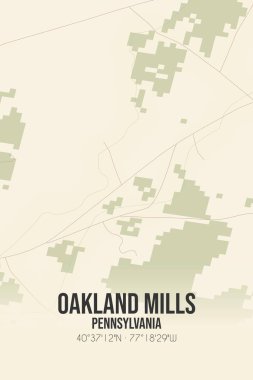 Vintage wall art map of Oakland Mills, located in Juniata, Pennsylvania, United States. Aerial plan with forests, roads, cities, lakes and rivers. clipart