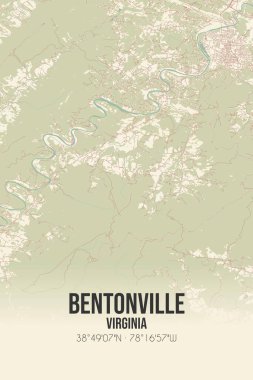 Bentonville 'in klasik duvar haritası. Warren, Virginia, ABD' de. Ormanlar, yollar, şehirler, göller ve nehirlerle ilgili hava planı.