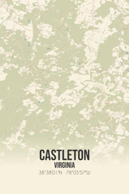 Vintage wall art map of Castleton, located in Rappahannock, Virginia, United States. Aerial plan with forests, roads, cities, lakes and rivers. clipart