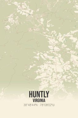 Vintage wall art map of Huntly, located in Rappahannock, Virginia, United States. Aerial plan with forests, roads, cities, lakes and rivers. clipart