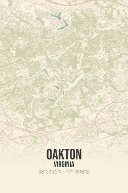 Oakton 'ın klasik duvar haritası, Fairfax, Virginia, ABD' de. Ormanlar, yollar, şehirler, göller ve nehirlerle ilgili hava planı.