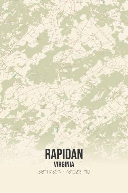 Rapidan 'ın klasik duvar sanat haritası, Culpeper, Virginia, ABD' de. Ormanlar, yollar, şehirler, göller ve nehirlerle ilgili hava planı.