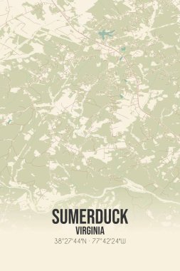 Sumerduck 'in klasik duvar haritası, Fauquier, Virginia, ABD' de. Ormanlar, yollar, şehirler, göller ve nehirlerle ilgili hava planı.
