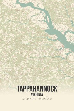 Vintage wall art map of Tappahannock, located in Essex, Virginia, United States. Aerial plan with forests, roads, cities, lakes and rivers. clipart