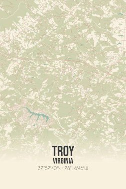 Truva 'nın klasik duvar sanat haritası, Fluvanna, Virginia, ABD' de. Ormanlar, yollar, şehirler, göller ve nehirlerle ilgili hava planı.