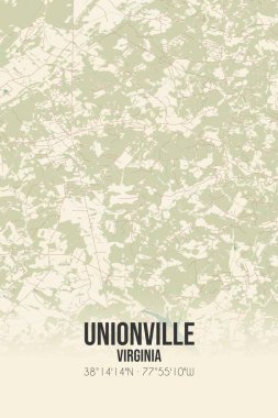 Vintage wall art map of Unionville, located in Orange, Virginia, United States. Aerial plan with forests, roads, cities, lakes and rivers. clipart