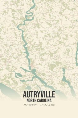 Vintage wall art map of Autryville, located in Sampson, North Carolina, United States. Aerial plan with forests, roads, cities, lakes and rivers. clipart