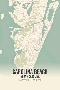 Carolina Sahili 'nin klasik duvar haritası. New Hanover, Kuzey Carolina, ABD' de. Ormanlar, yollar, şehirler, göller ve nehirlerle ilgili hava planı.