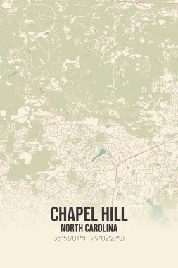 Chapel Hill 'in klasik duvar sanat haritası, Orange, Kuzey Carolina, ABD' de. Ormanlar, yollar, şehirler, göller ve nehirlerle ilgili hava planı.