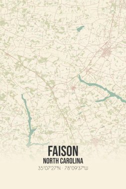 Vintage wall art map of Faison, located in Sampson, North Carolina, United States. Aerial plan with forests, roads, cities, lakes and rivers. clipart