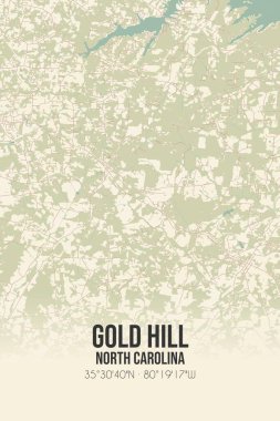 Gold Hill 'in klasik duvar sanat haritası, Rowan, Kuzey Carolina, ABD' de. Ormanlar, yollar, şehirler, göller ve nehirlerle ilgili hava planı.
