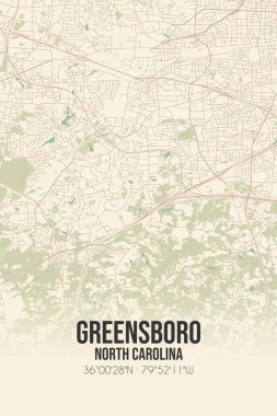 Greensboro 'nun klasik duvar haritası, Guilford, Kuzey Carolina, ABD' de. Ormanlar, yollar, şehirler, göller ve nehirlerle ilgili hava planı.