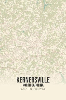 Vintage wall art map of Kernersville, located in Forsyth, North Carolina, United States. Aerial plan with forests, roads, cities, lakes and rivers. clipart