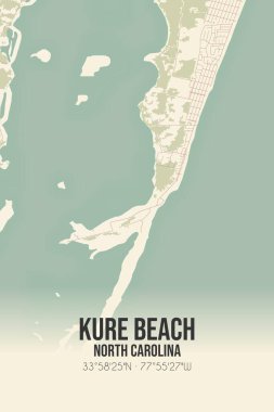 Kure Beach 'in klasik duvar sanat haritası, New Hanover, Kuzey Carolina, ABD' de. Ormanlar, yollar, şehirler, göller ve nehirlerle ilgili hava planı.