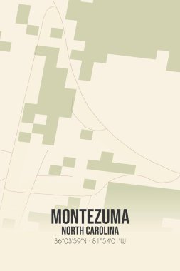 Vintage wall art map of Montezuma, located in Avery, North Carolina, United States. Aerial plan with forests, roads, cities, lakes and rivers. clipart