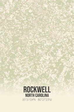 Rockwell 'in klasik duvar sanat haritası, Rowan, Kuzey Carolina, ABD' de. Ormanlar, yollar, şehirler, göller ve nehirlerle ilgili hava planı.