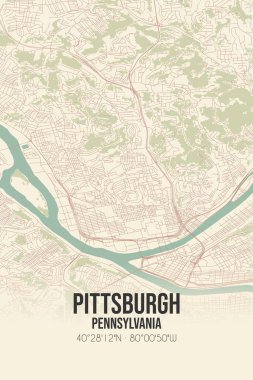 Pittsburgh 'un klasik duvar sanat haritası, Allegheny, Pennsylvania, ABD' de. Ormanlar, yollar, şehirler, göller ve nehirlerle ilgili hava planı.