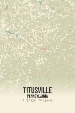 Vintage wall art map of Titusville, located in Venango, Pennsylvania, United States. Aerial plan with forests, roads, cities, lakes and rivers. clipart