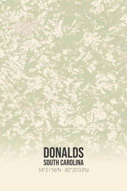 Vintage wall art map of Donalds, located in Abbeville, South Carolina, United States. Aerial plan with forests, roads, cities, lakes and rivers. clipart