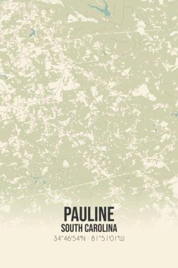 Vintage wall art map of Pauline, located in Spartanburg, South Carolina, United States. Aerial plan with forests, roads, cities, lakes and rivers. clipart