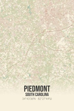 Piedmont 'un klasik duvar sanat haritası, Amerika Birleşik Devletleri, Güney Carolina, Greenville' de. Ormanlar, yollar, şehirler, göller ve nehirlerle ilgili hava planı.