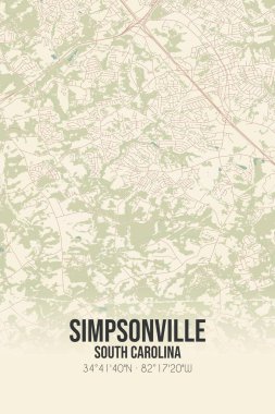 Vintage wall art map of Simpsonville, located in Greenville, South Carolina, United States. Aerial plan with forests, roads, cities, lakes and rivers. clipart