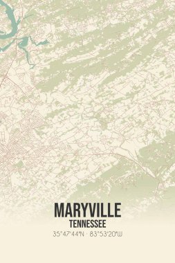 Vintage wall art map of Maryville, located in Blount, Tennessee, United States. Aerial plan with forests, roads, cities, lakes and rivers. clipart