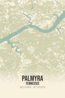 Vintage wall art map of Palmyra, located in Montgomery, Tennessee, United States. Aerial plan with forests, roads, cities, lakes and rivers. clipart